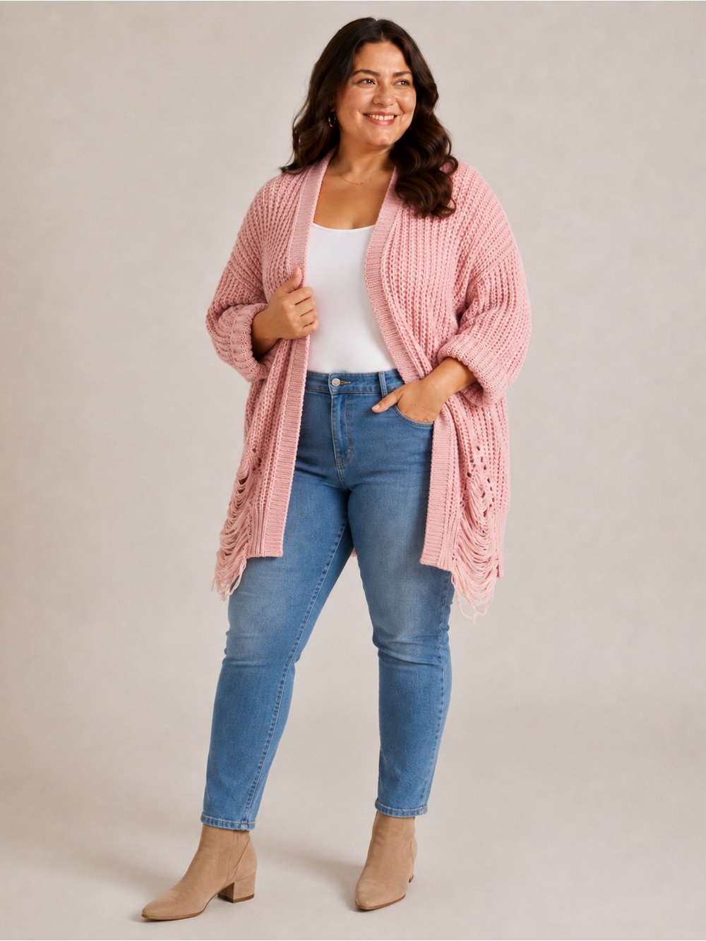Say What? Women's Blush Pink Open-Front Chunky Knit Cardigan with Fringe